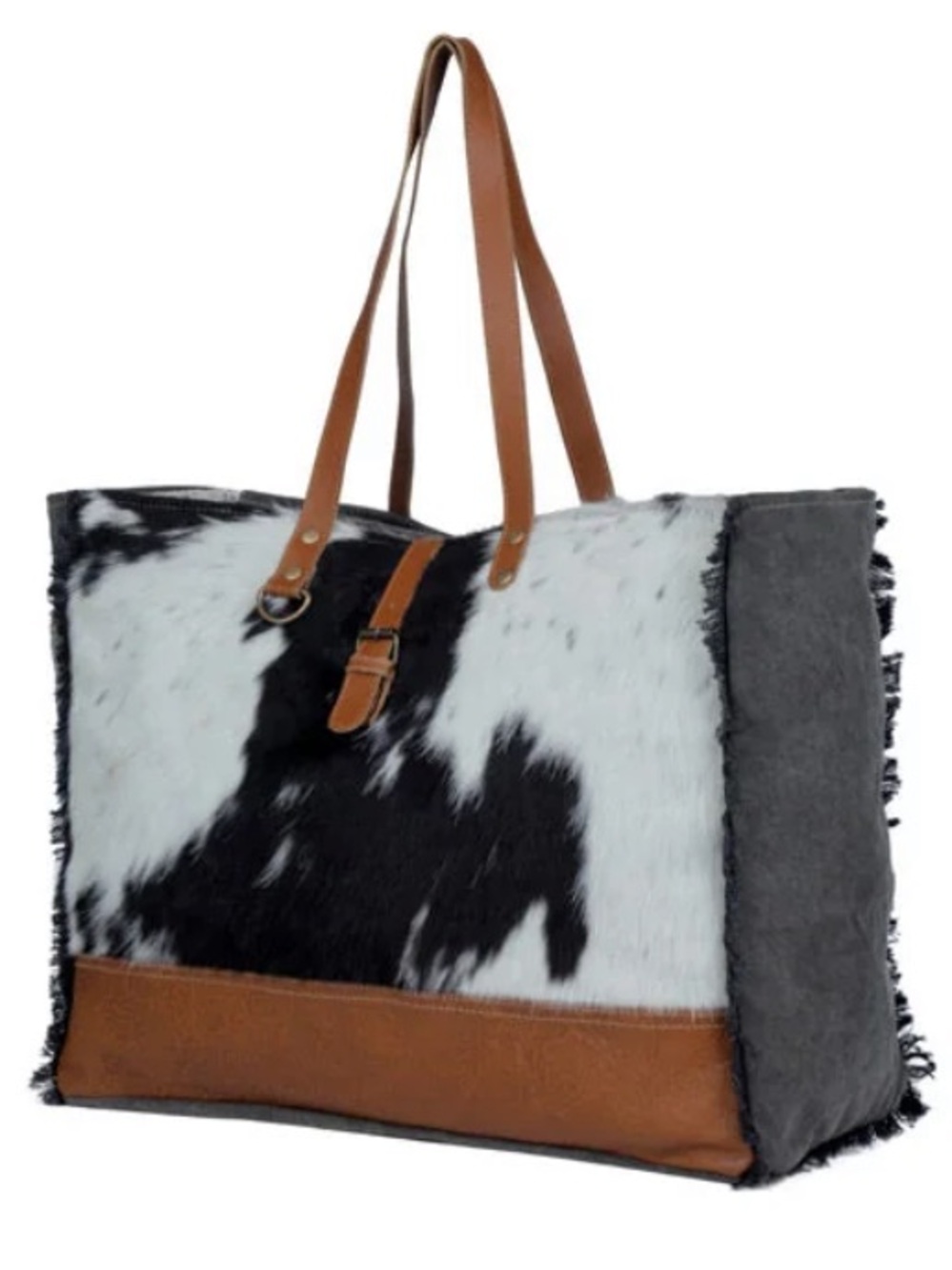 Myra Matty Leather-Trim Cowhide Tote Bag in Black & White, new